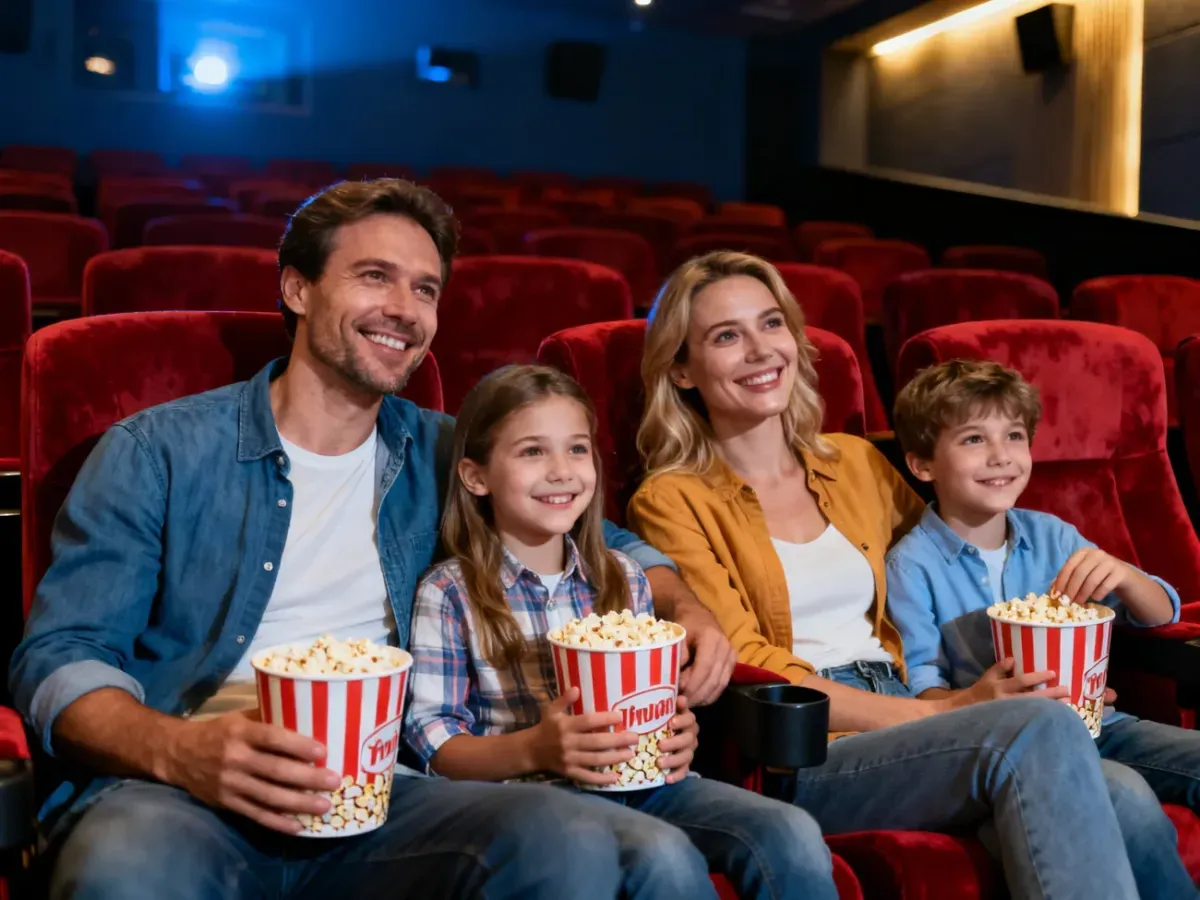 Szczęśliwa czteroosobowa rodzina z popcornem siedzi w sali kinowej, przygotowując się do wspólnego seansu.