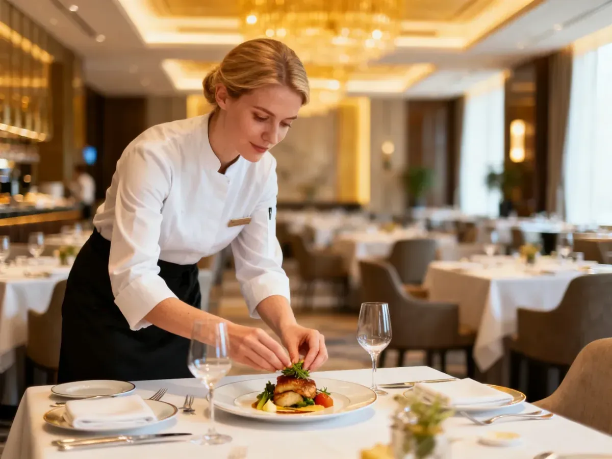 Elegancko nakryty stół w nowoczesnej restauracji hotelowej, przy którym pracownica przygotowuje wykwintny posiłek.