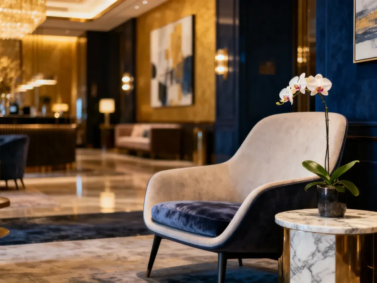 Eleganckie wnętrze butikowego hotelu z designerskim fotelem i marmurowym stolikiem, podkreślające luksusowy charakter obiektu.