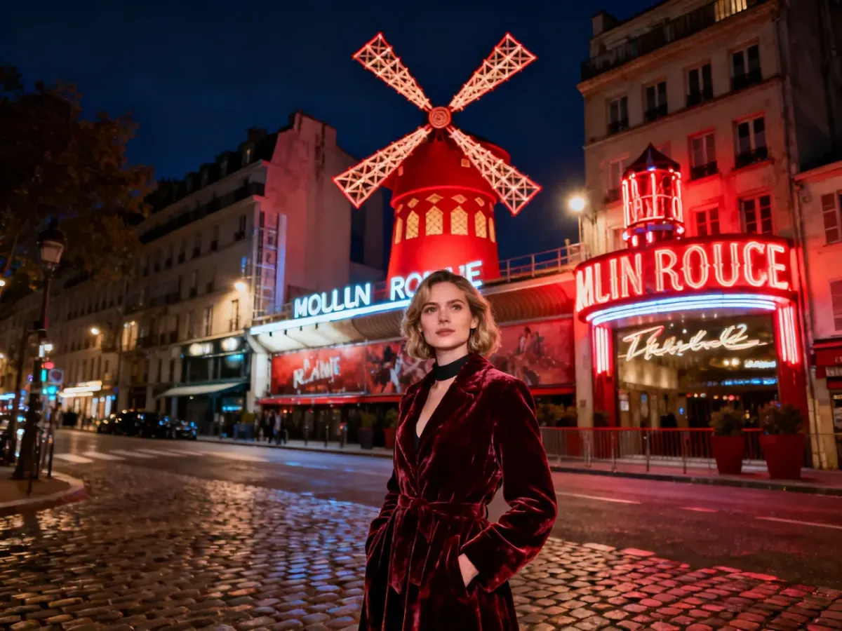 Kobieta w stylu vintage na tle oświetlonego neonami Moulin Rouge w paryskiej dzielnicy Montmartre.