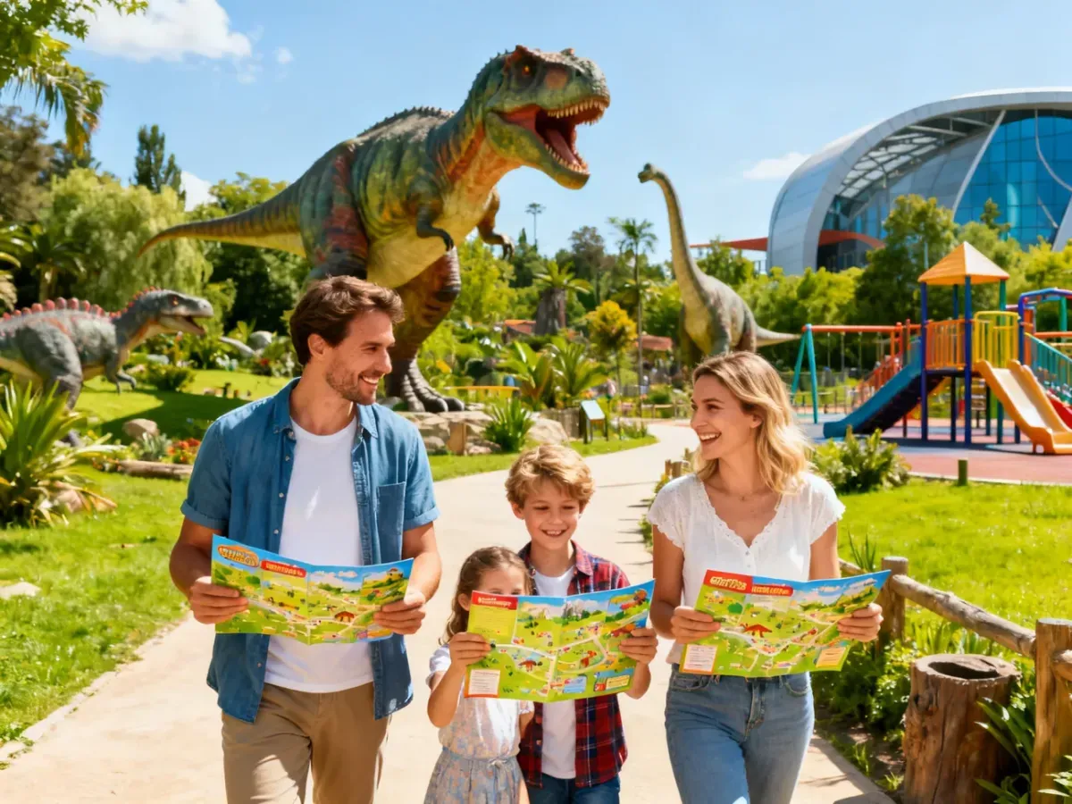 Szczęśliwa rodzina z dziećmi spaceruje po parku dinozaurów w Bałtowie, trzymając w dłoniach mapy atrakcji.