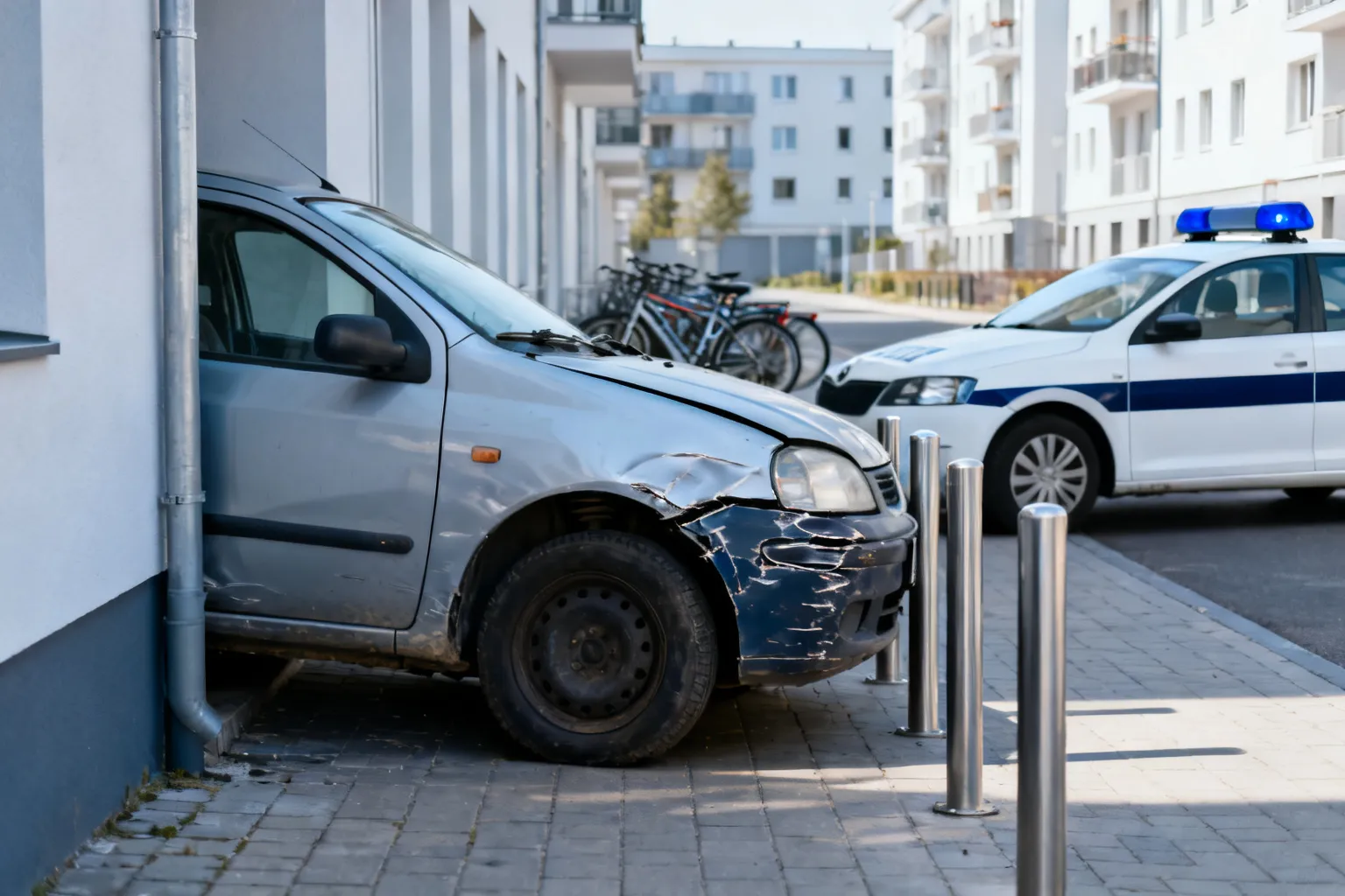 Pijany kierowca utknął między elewacją a barierami w Bytomiu