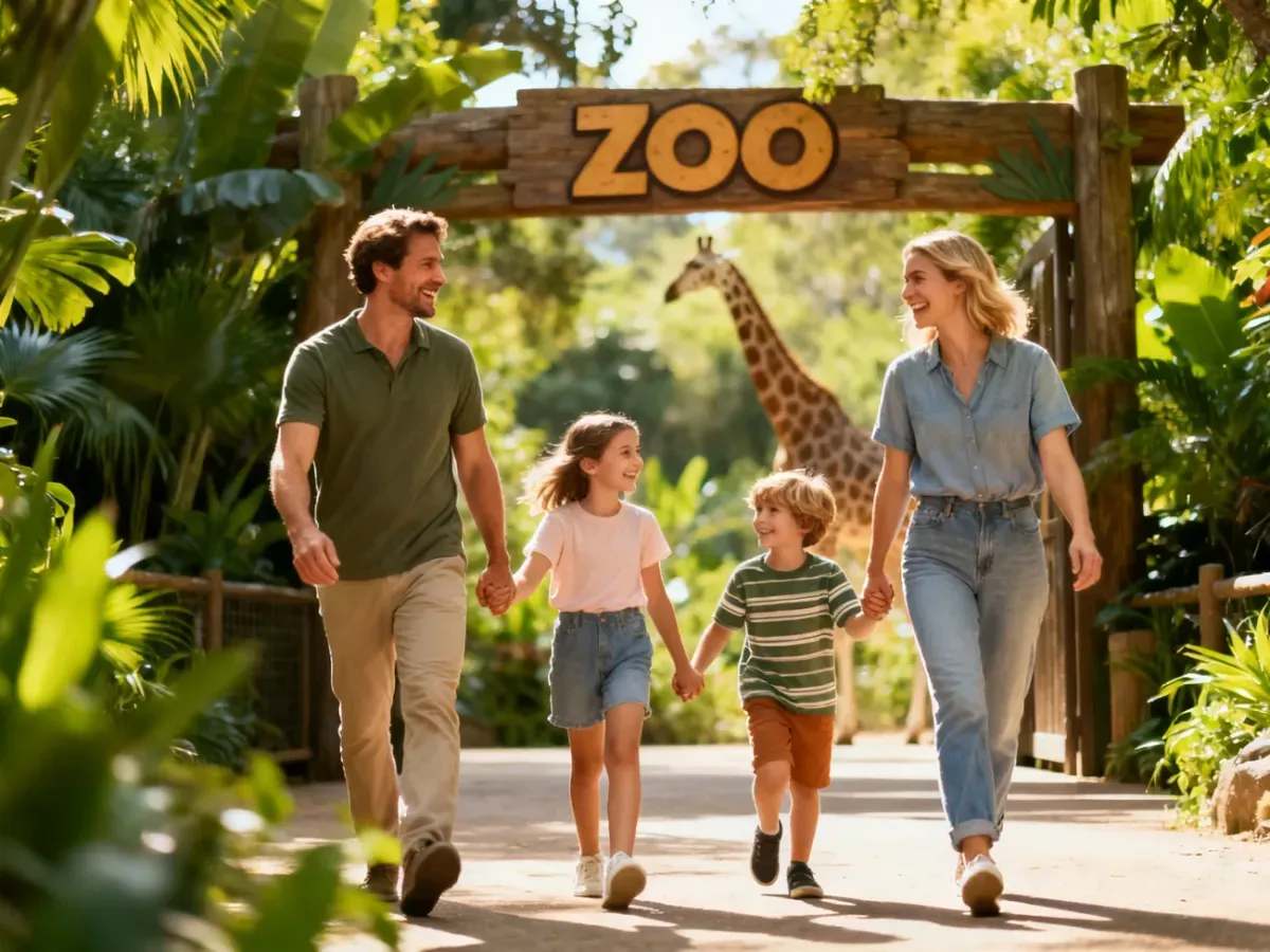 Szczęśliwa czteroosobowa rodzina wchodzi do zoo, spacerując wśród zieleni w słoneczny dzień.