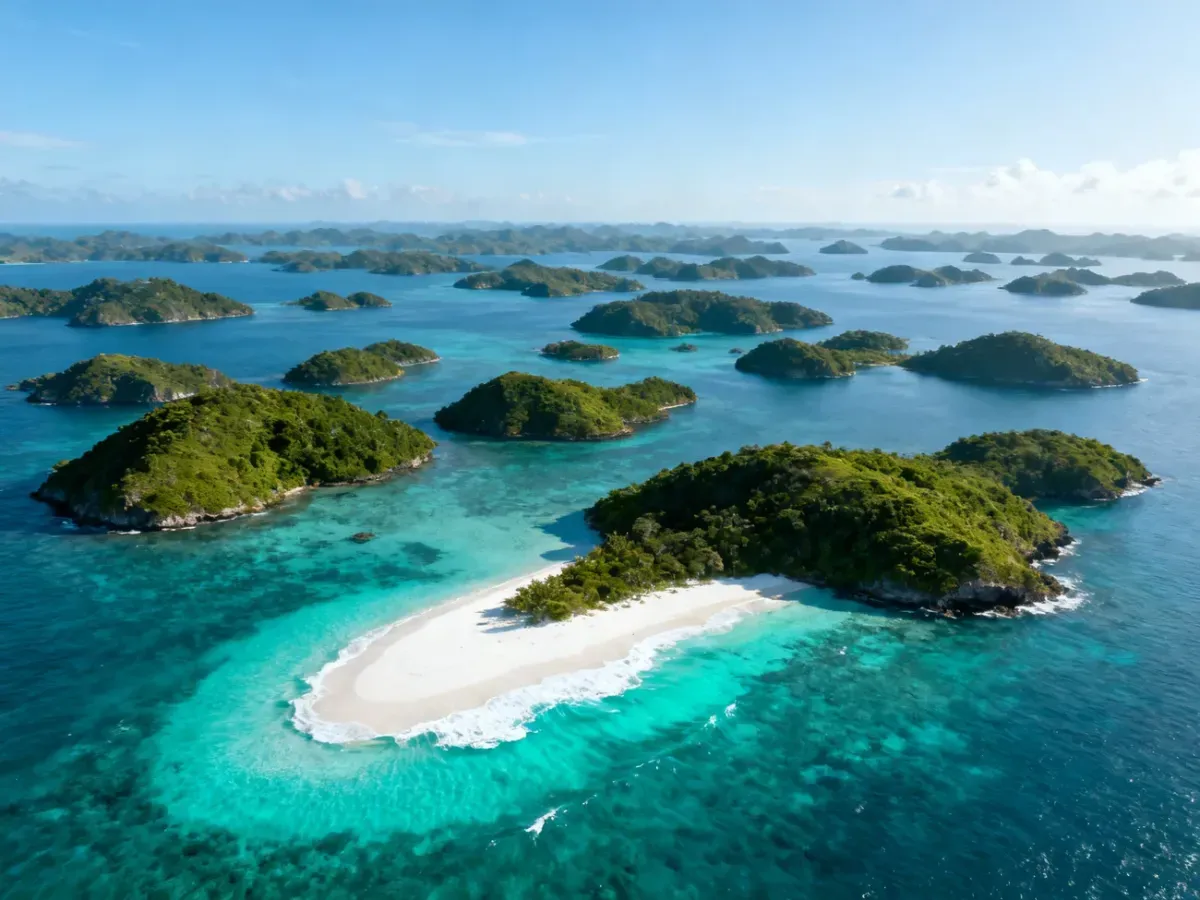 Widok z lotu ptaka na rozległy archipelag z tysiącami zielonych wysp otoczonych turkusowym oceanem i piaszczystymi plażami.